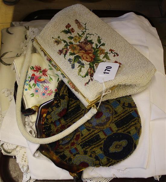 Collection of linen, 20s beaded bag etc